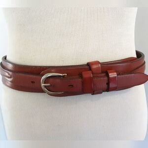 Full Grain Smooth Cowhide Double Strap Brass Buckle Thick Leather Belt Sz SM Vtg